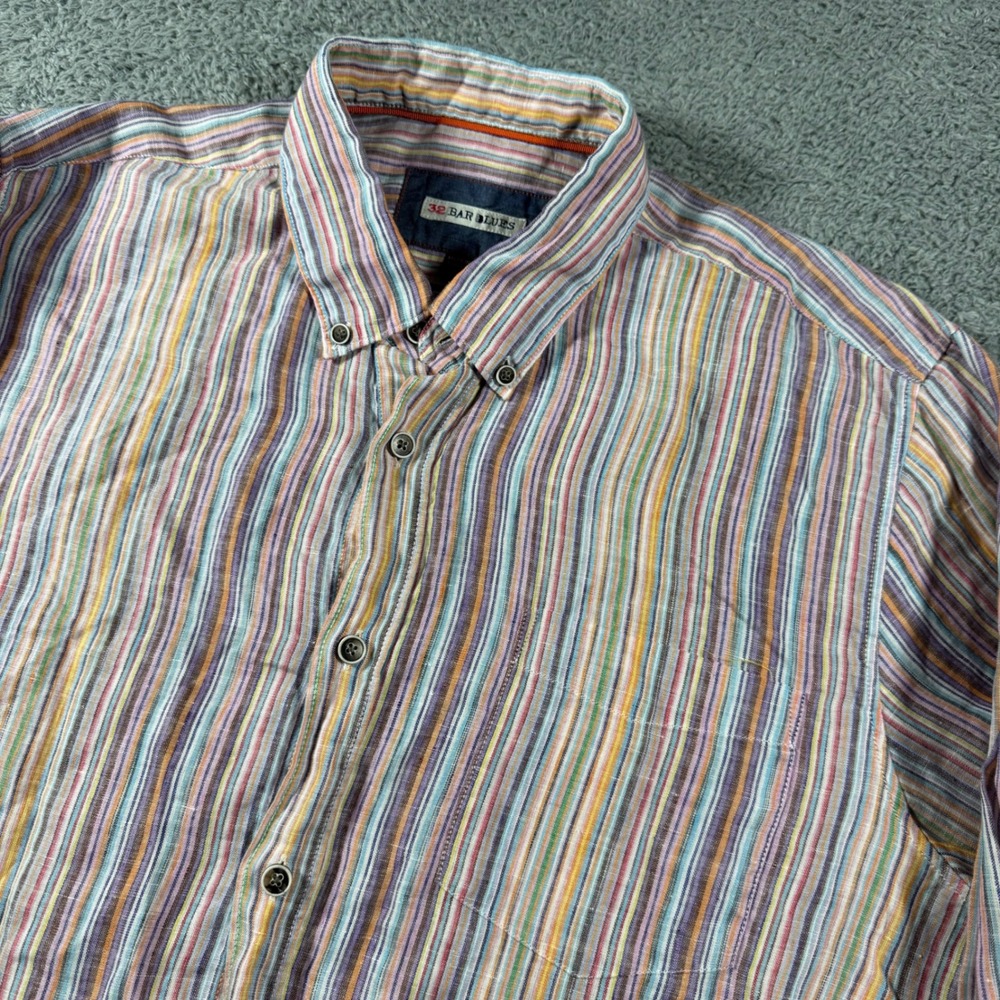 32 Bar Blues 100% Linen Button Shirt Mens Large Multicolor Striped Long Sleeve